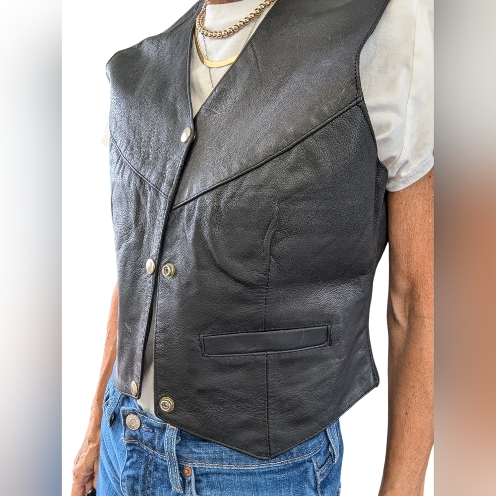 Genuine Leather Snap Front Vest Western Moto Chic Vintage Style Bikercore Size M
